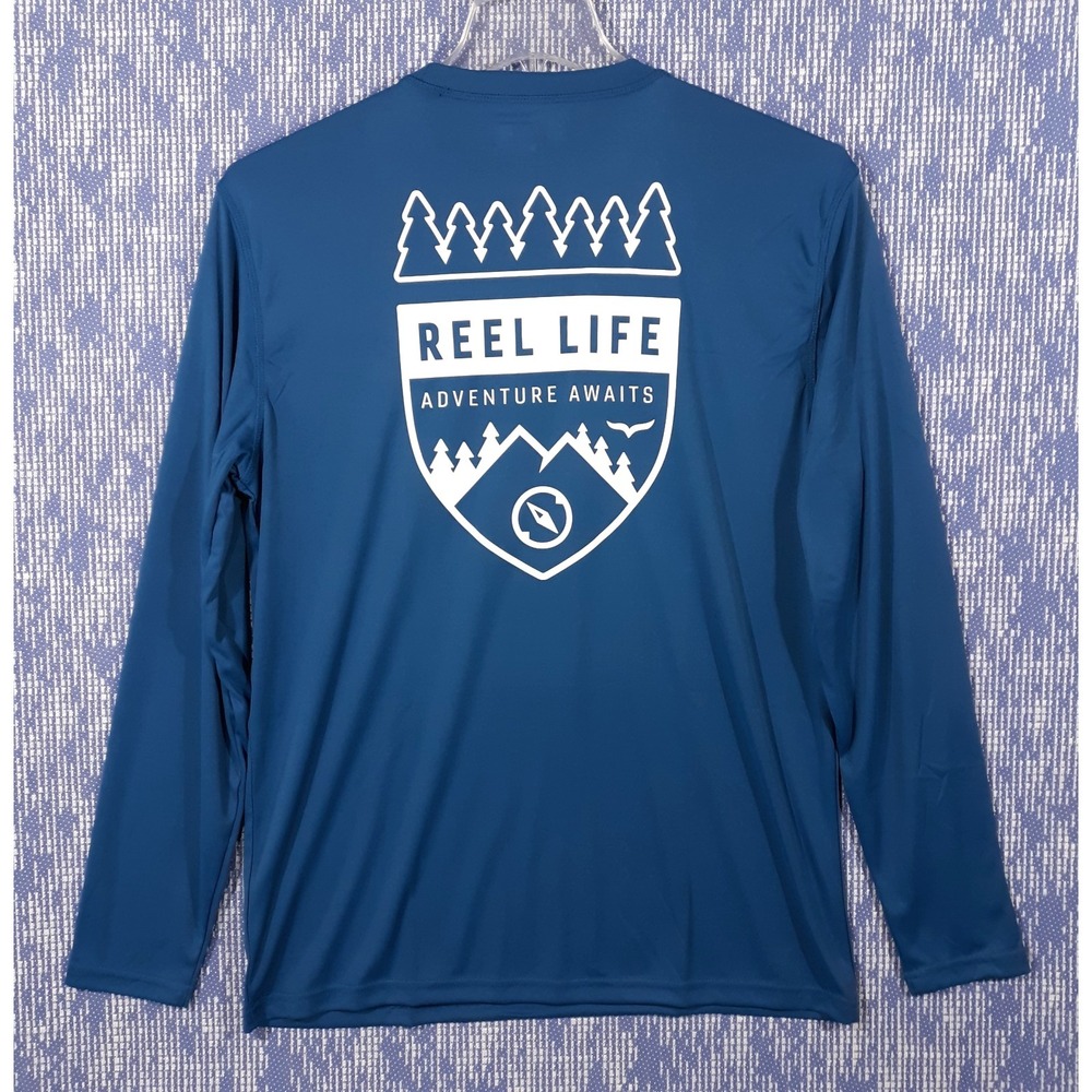 Reel Life Fishing Shirt Mens Medium Hiking Outdoor Blue Wicking Long Sleeve